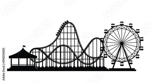A striking black silhouette depicts a carnival scene featuring a looping rollercoaster a ferris wheel and a small pavilion