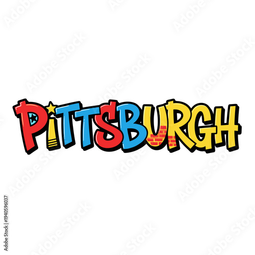 Colorful Pittsburgh text with playful typography and vibrant design.