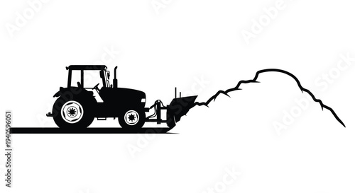 A stark black silhouette depicts a tractor plowing a field creating a dramatic textured furrow in the land