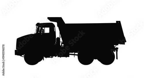 A stark silhouette of a large dump truck is prominently displayed against a clean bright white background emphasizing its form