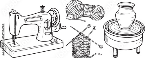 A collection of creative tools for sewing, knitting, and pottery making