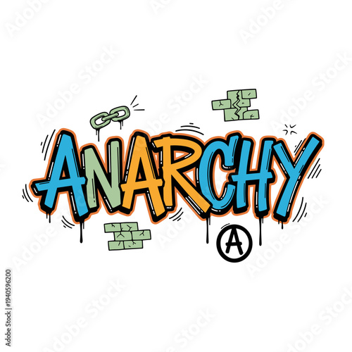 Anarchy graffiti style lettering with brick wall elements and chain link.