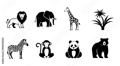 A collection of diverse african and asian wildlife depicted in black silhouettes