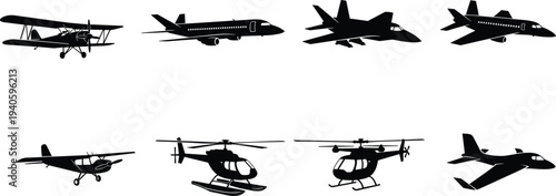 Silhouettes of diverse aircraft including biplane, commercial jet, fighter jet, helicopters, drone, and propeller plane isolated on white background for aviation, transport, and technology concepts