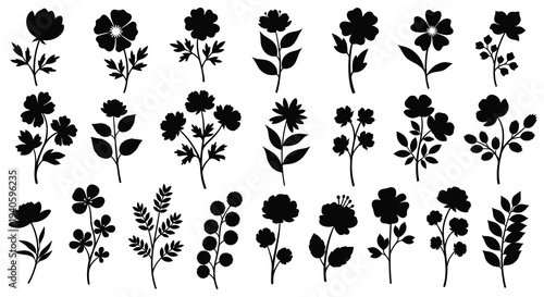 A collection of delicate black floral silhouettes arranged against a clean white background showcasing botanical beauty high quality professional