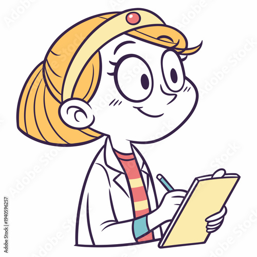 Cartoon girl with a notepad, smiling, wearing a lab coat, whimsical style, bright colors