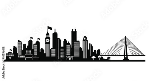 A striking black and white silhouette depicts a city skyline featuring famous landmarks and a prominent cable stayed bridge