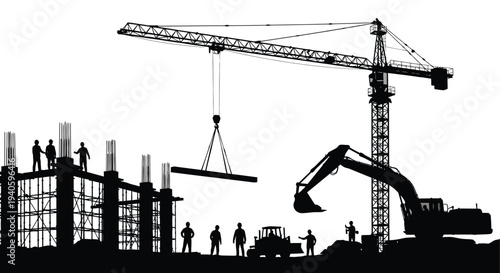 A striking black and white silhouette depicts a construction site with cranes workers and heavy machinery in progress high quality professional