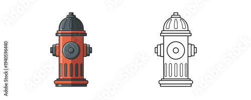 Fire hydrant emergency equipment presented in two versions colored flat cartoon and black line art illustration isolated on a white background