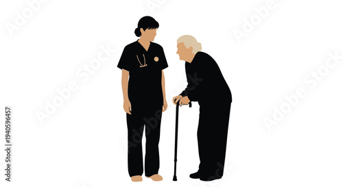 A minimalist silhouette depicts a healthcare worker attentively interacting with an elderly woman using a walking cane high quality