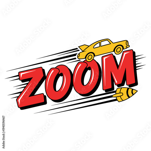 Dynamic ZOOM text with a speeding car and rocket, capturing motion and excitement.