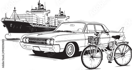 A black and white illustration of a vintage car with a bicycle and a large ship in the background.