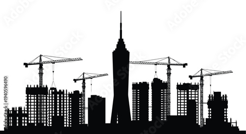 A striking black silhouette depicts a modern city skyline dominated by a tall slender skyscraper under construction high quality