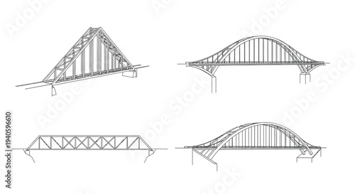 Architectural drawings depict various bridge designs showcasing structural engineering and the elegance of cantilever and arch forms high quality