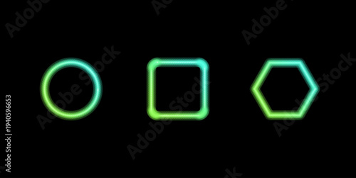 A trio of glowing geometric shapes display a cool green and teal gradient on a deep black field