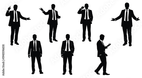 A collection of silhouetted business professionals exhibiting diverse poses and gestures communicating different scenarios high quality professional detailed modern