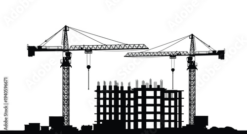 A black silhouette depicts two towering construction cranes overseeing the rising framework of a multi story building high quality professional