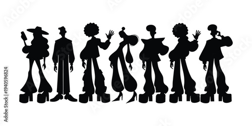 Silhouettes of Diverse People in Retro Fashion, Disco Style