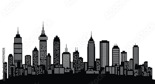 A stark black and white silhouette depicts a dense urban skyline featuring numerous skyscrapers and buildings high quality professional detailed modern