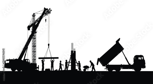 A stark silhouette depicts a busy construction site with a crane workers and a dumping truck all against a bright background