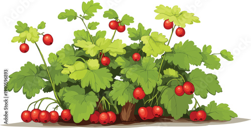 Red apple with leaves on a tree branch surrounded by ripe berries and green leaves in a garden setting