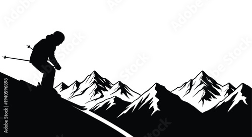 A silhouetted skier descends a snowy mountain slope captured against a stark dramatic backdrop of jagged peaks high quality