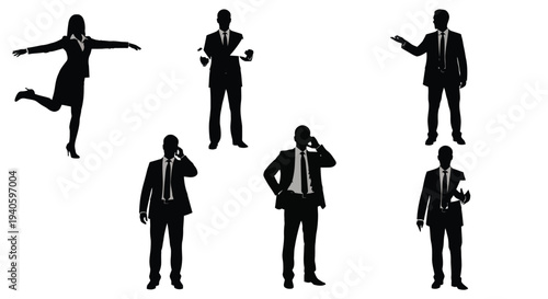 Silhouettes depict six business professionals in various poses including presenting talking on phones and gesturing against a white background