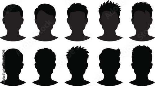 Set of ten diverse male avatar silhouettes featuring various modern hairstyles and undercut hair trends for graphic design icons