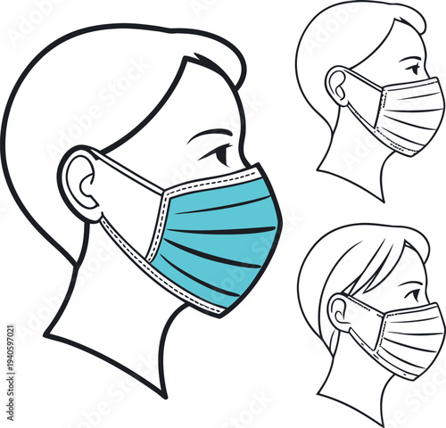 Vector illustration of a woman wearing a blue surgical face mask in three different views on white background
