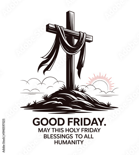 Cross draped with cloth on a hill with sun and clouds good Friday design.