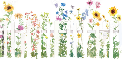 Colorful spring meadow with blooming flowers butterflies and green grass in a bright floral garden scene