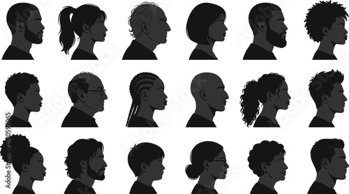 Diverse profile silhouettes of people of different ages, ethnicities, and hairstyles, represent community, inclusivity, and human unity for web