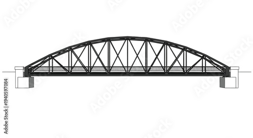 A detailed line drawing depicts a black steel arch bridge with supporting pillars showcasing its structural engineering design