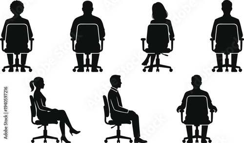 Silhouettes of diverse business people sitting in office chairs, back and side view set, professional workplace corporate team collection