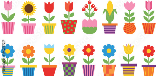 Colorful flower pots with blooming decorative plants garden floral collection vector illustration set