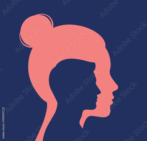 Vector illustration of a male profile silhouette nested within a female head shape, symbolizing relationships, psychology, and human connection