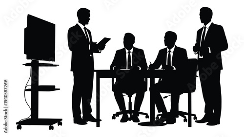 Four businessmen in a meeting with a television