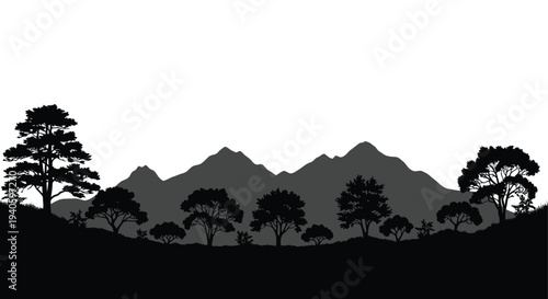 A stark monochromatic landscape depicts silhouetted trees against a backdrop of layered mountain peaks in varying shades of gray