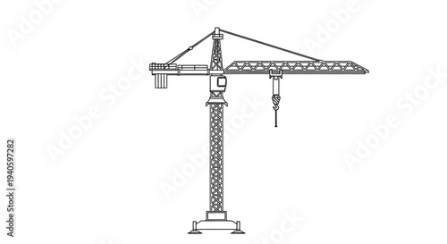 A detailed line drawing depicts a tall industrial tower crane against a plain white background showcasing its structural components