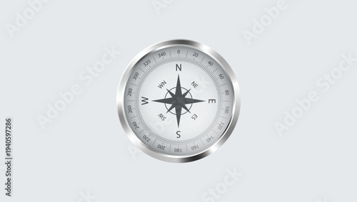 Silver navigation compass isolated vector direction travel exploration navigation symbol vintage nautical illustration