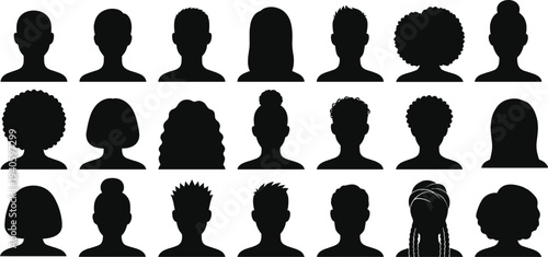 Diverse collection of human avatar profile silhouettes featuring various hairstyles and head shapes for identity and social media icons