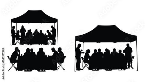 People sitting under a canopy tent outdoors