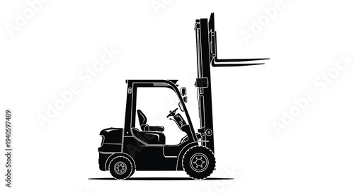 A stark black and white illustration depicts a side view of a robust forklift truck highlighting its industrial design high quality