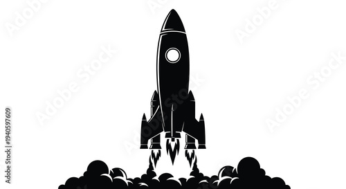 A striking black silhouette of a rocket ascending with intense flames and smoke trailing behind it symbolizing space exploration
