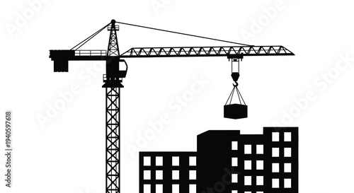 A stark black and white illustration depicts a towering construction crane positioned beside a simplified building structure high quality professional detailed