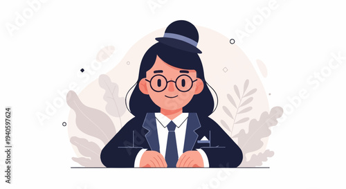 Person in formal attire with hat and glasses, seated behind a surface, with abstract foliage