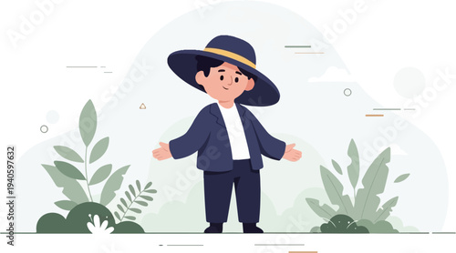 A young boy in a large blue hat and jacket stands with open arms amidst lush foliage and abstract shapes