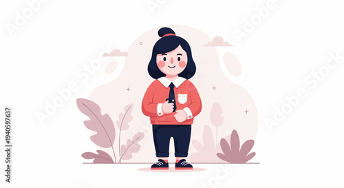 A person in a red top and tie, holding a phone, surrounded by stylized plants