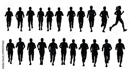 A collection of black silhouettes depicting people in motion predominantly running arranged in two distinct rows high quality professional