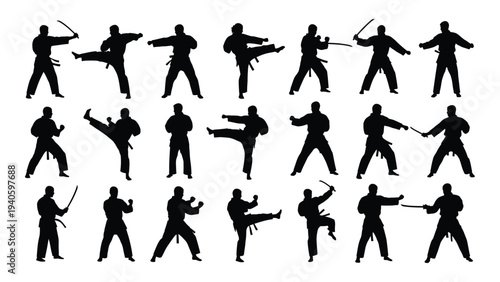 Silhouettes of people performing various karate moves with swords